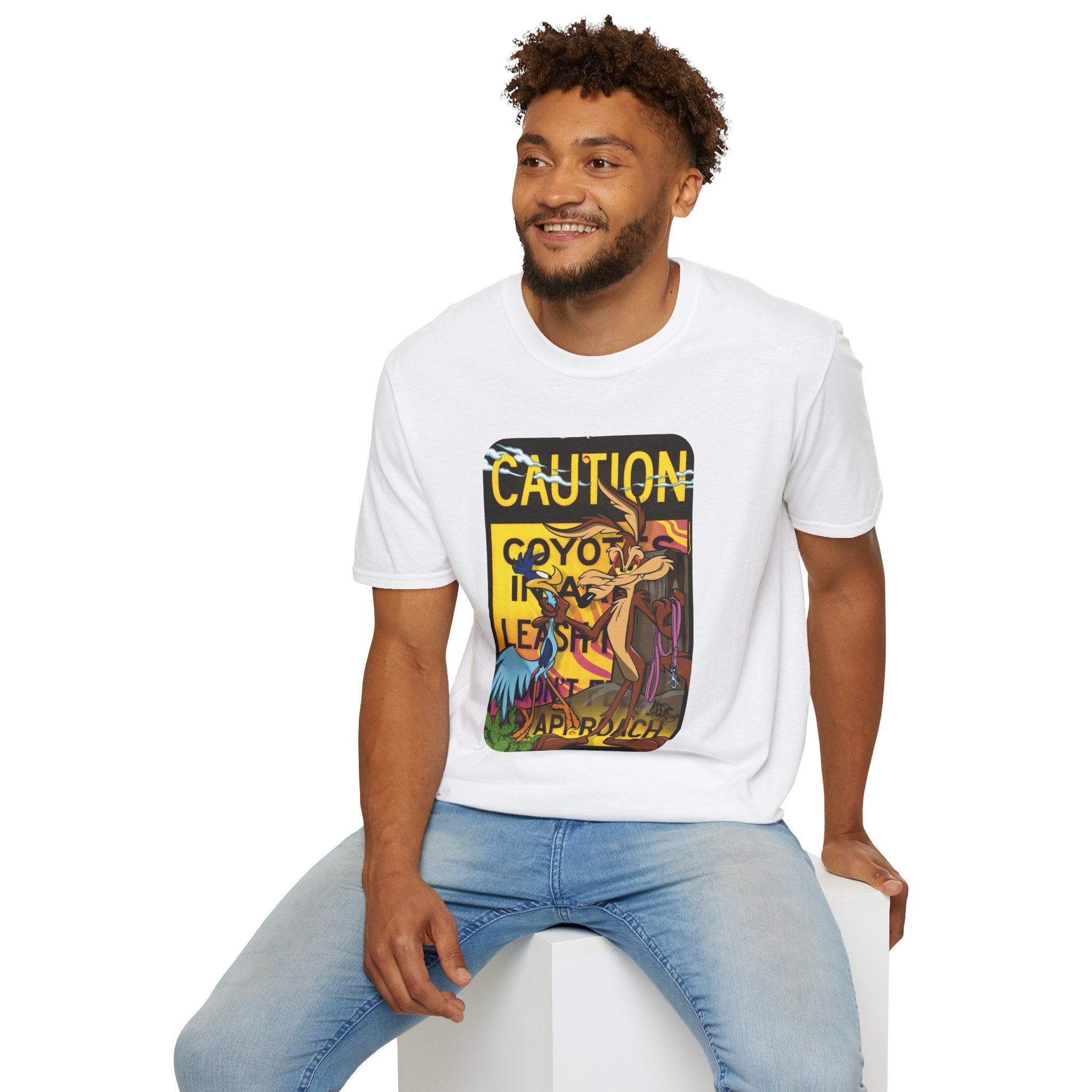 Caution Coyote Unisex Softstyle T-Shirt - Fun Graphic Tee for Animal Lovers S / Daisy 