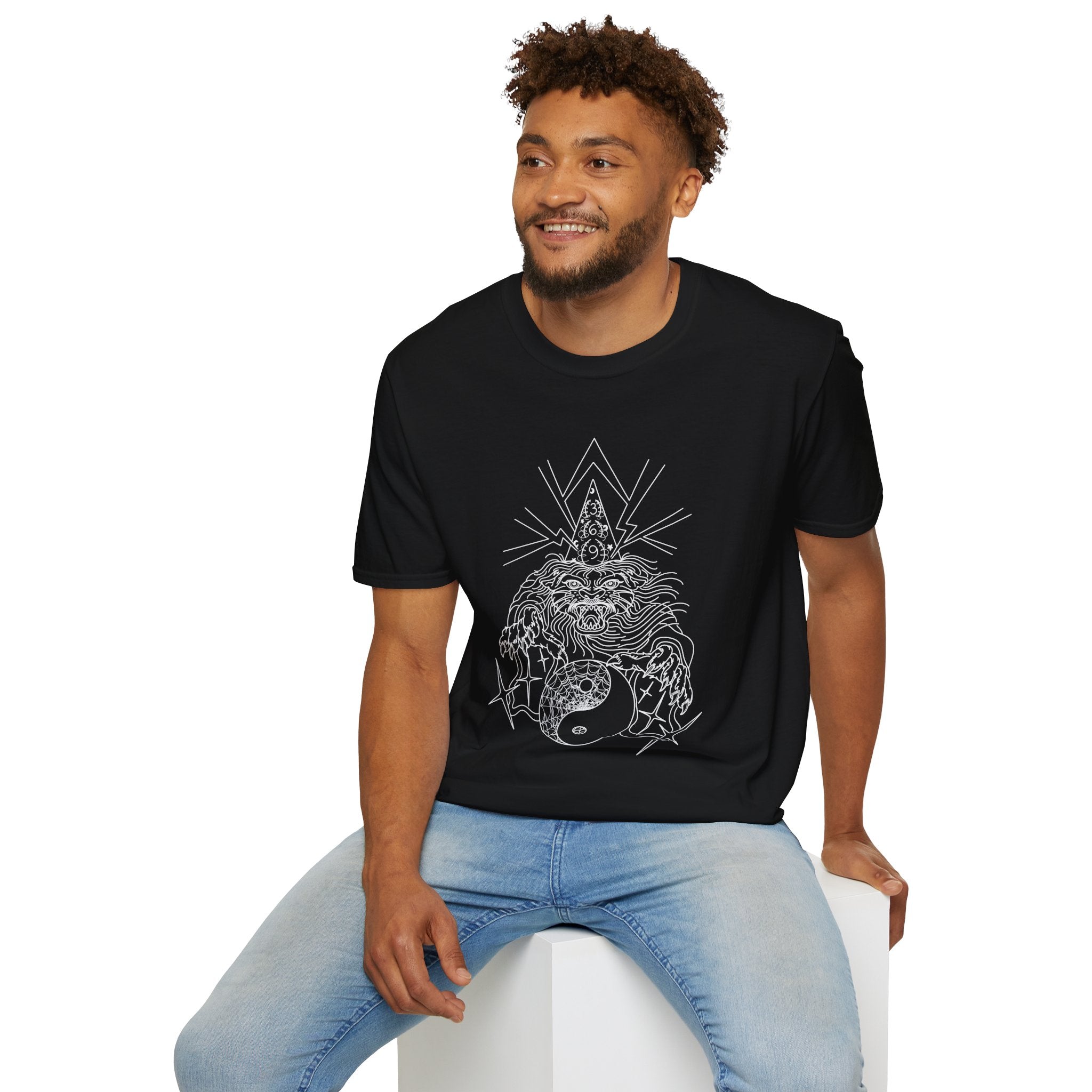 Graphic Tee | Tattoo Flash Wizard and Panther Design on Black Softstyle Shirt S / Black 
