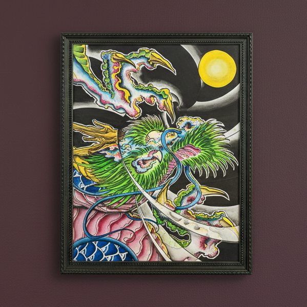 Colorful dragon illustration in a black frame against a dark background