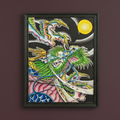 Colorful dragon illustration in a black frame against a dark background