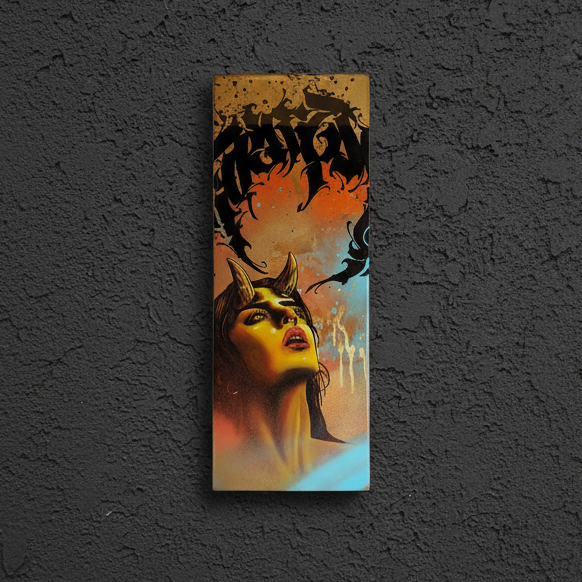 Artistic depiction of a figure with horns on a textured wall