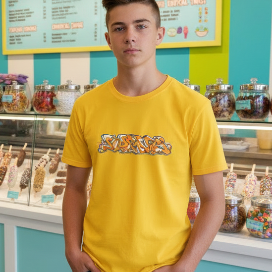 Yellow and orange stylized graffiti letters of Horus on the chest