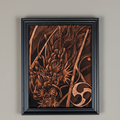 Framed artwork of a dragon design on a beige wall