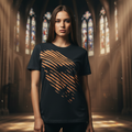 Black t-shirt with orange abstract design on a gray background