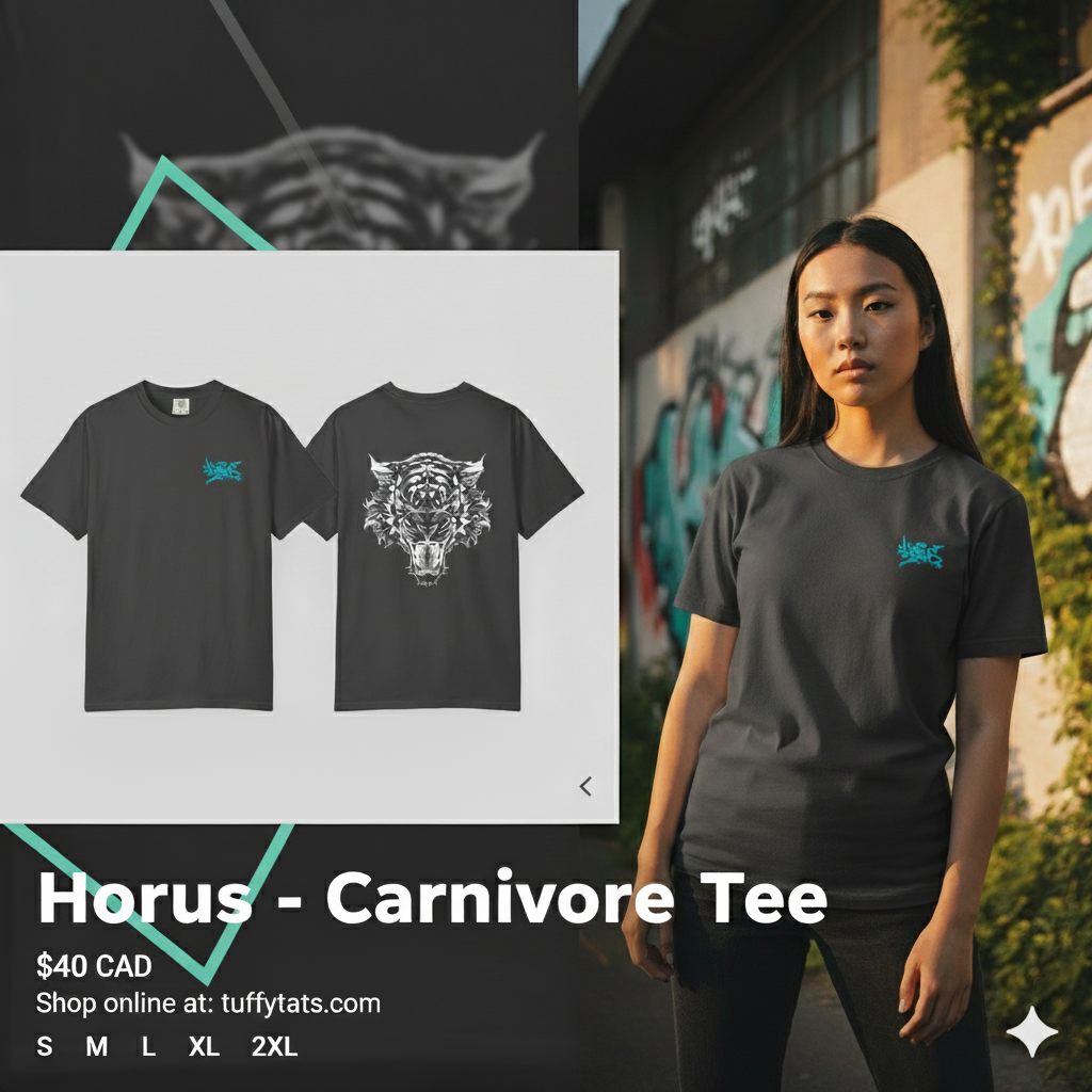 Person wearing a black t-shirt with 'Horus' design, promotional graphic of t-shirts, and text about the product.