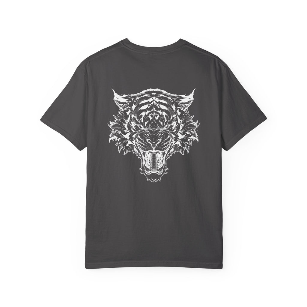 Black t-shirt with a white tiger graphic on the back against a white background