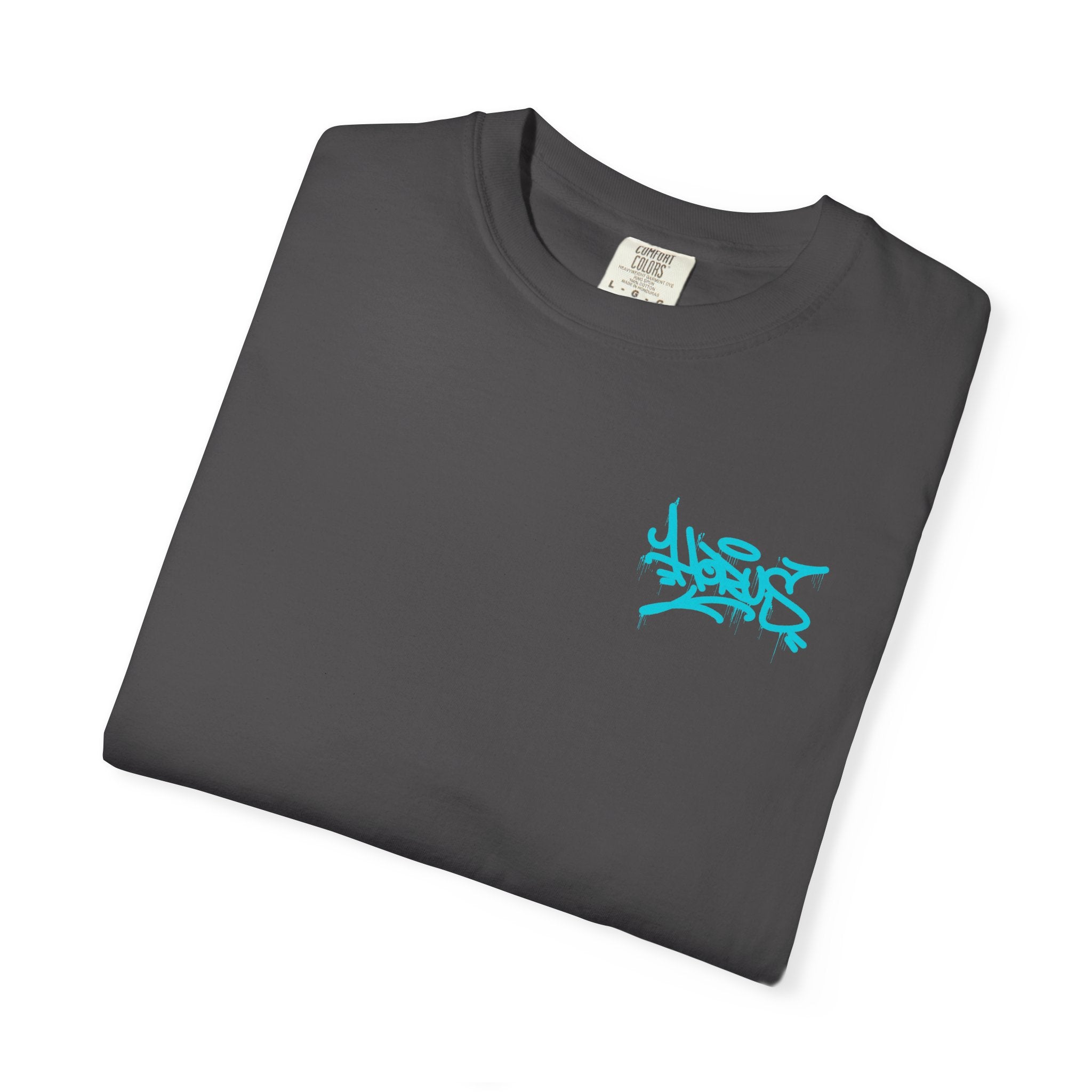 Folded gray t-shirt with blue logo on a white background