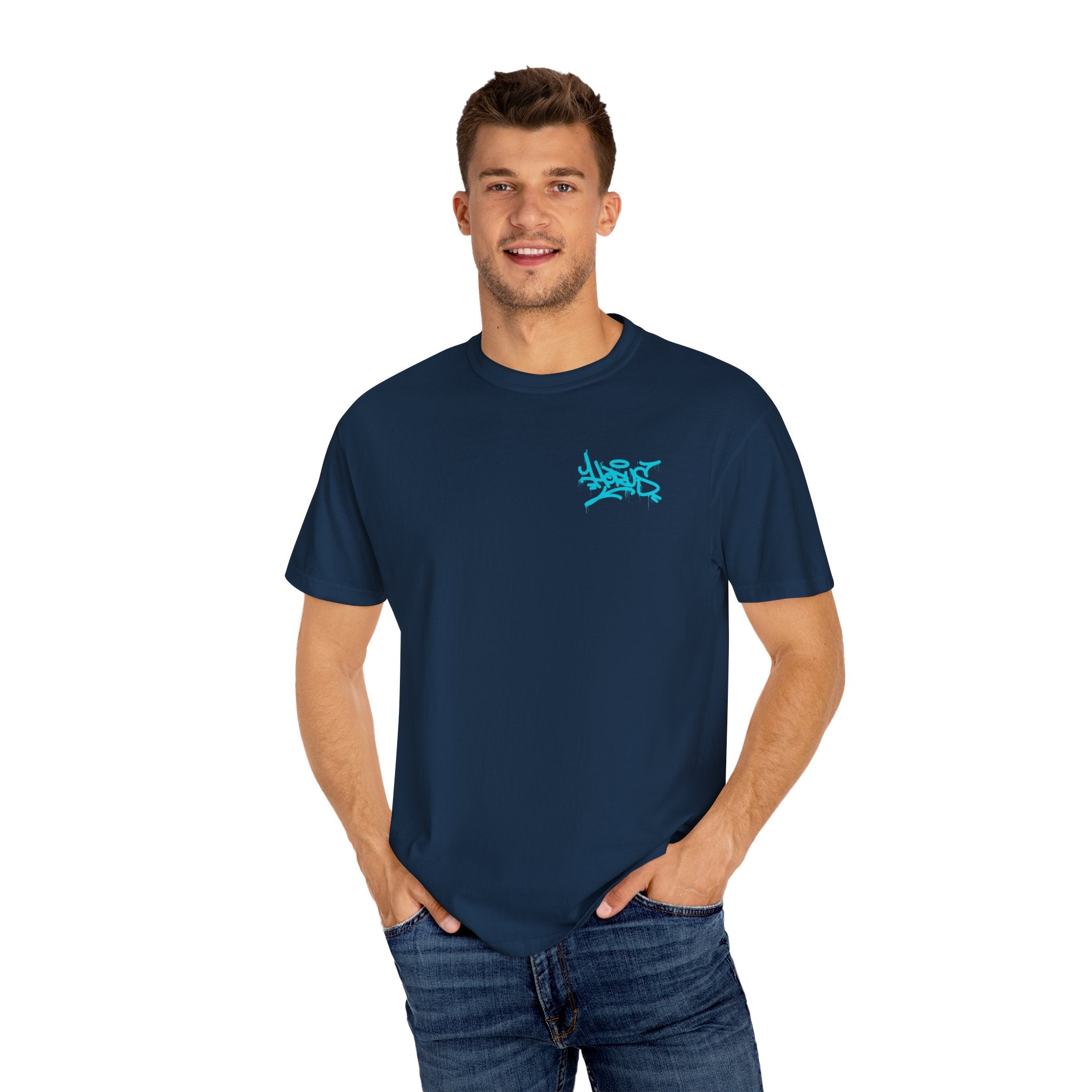 Man wearing a navy blue t-shirt with a logo on a white background
