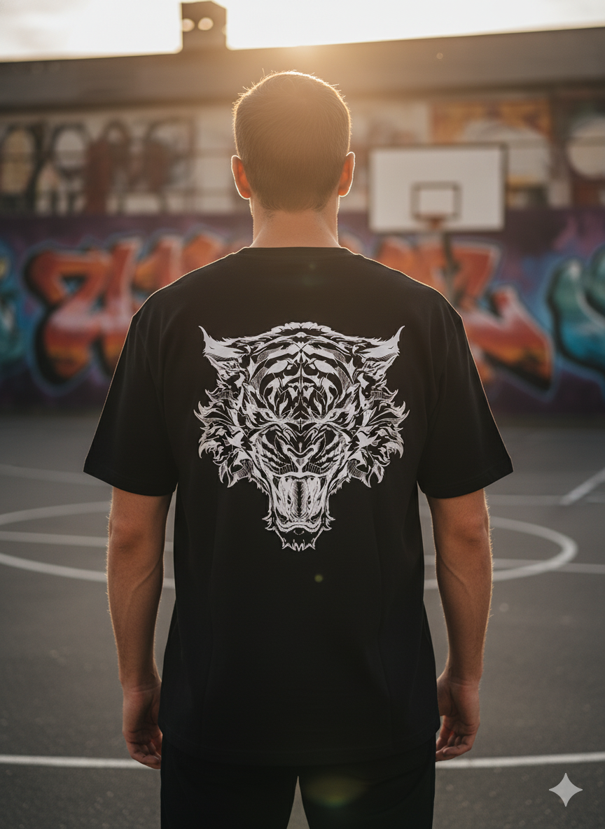 Person wearing a black t-shirt with a white tiger design on the back, standing on a basketball court with graffiti in the background.
