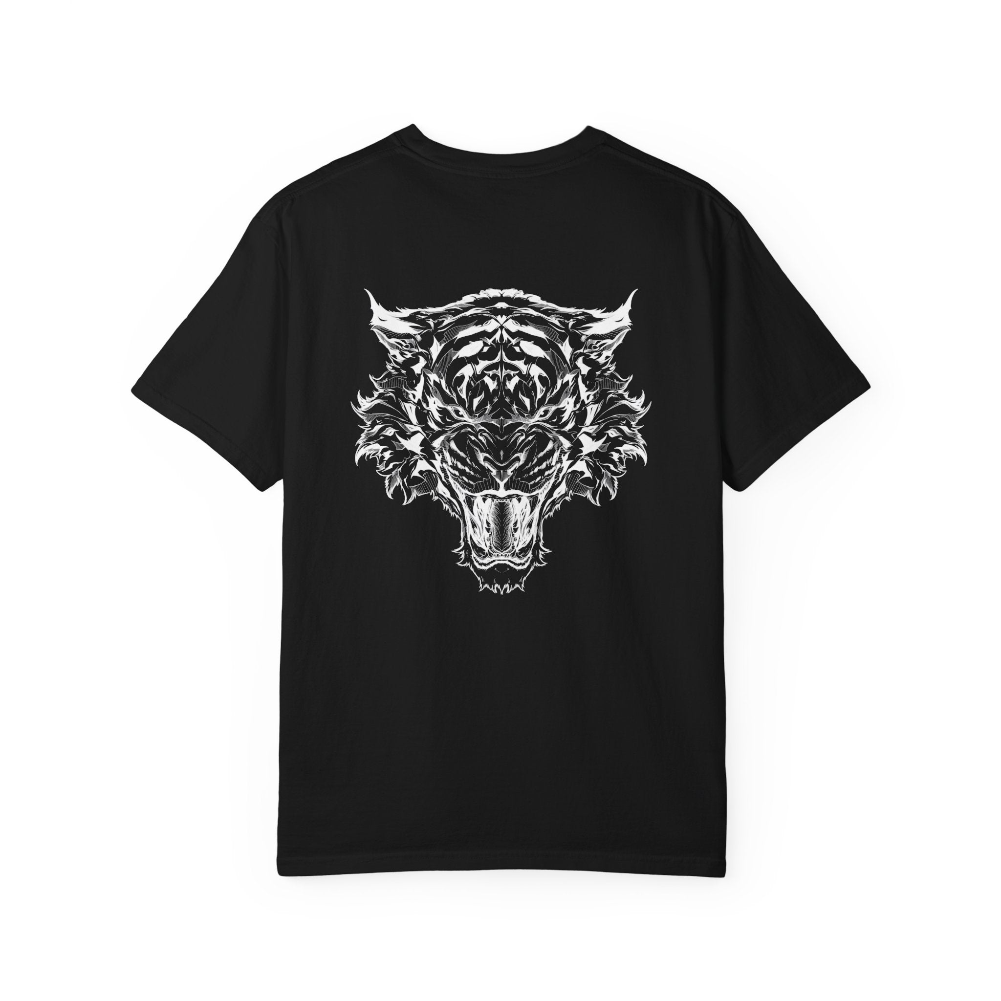 Black t-shirt with a white tiger graphic on the back against a white background