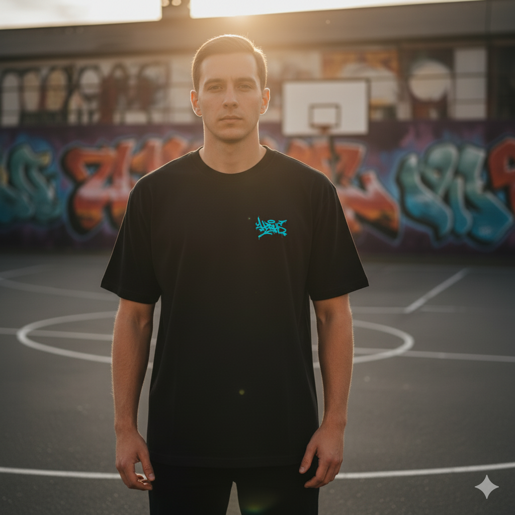 Person wearing a black t-shirt with a blue logo on a basketball court with graffiti in the background