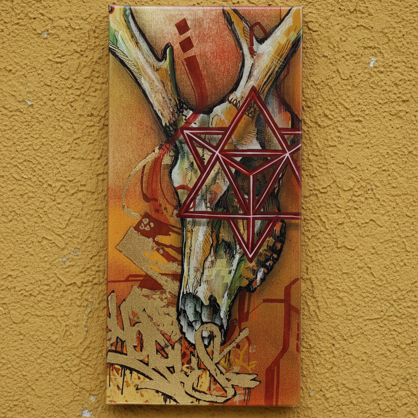Abstract artwork with geometric shapes on a textured wall