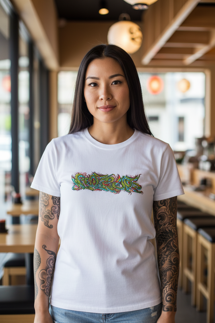 Person wearing a white t-shirt with colorful design in a casual setting