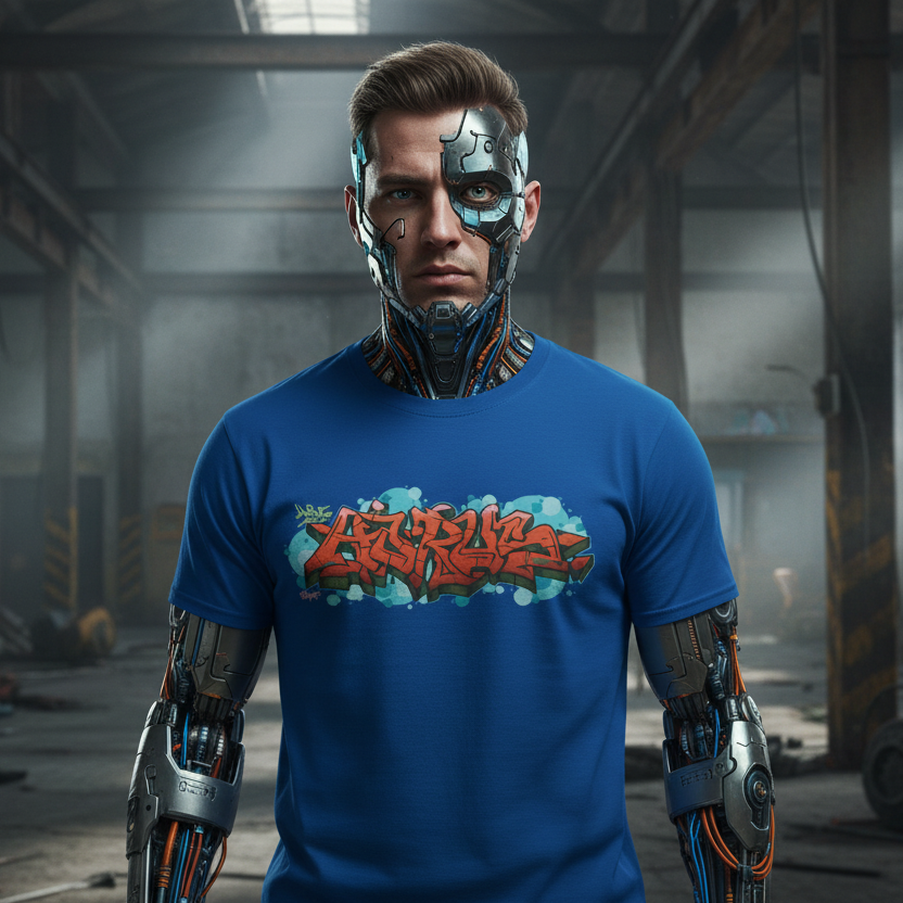 Person wearing a blue t-shirt with a graphic design in an industrial setting