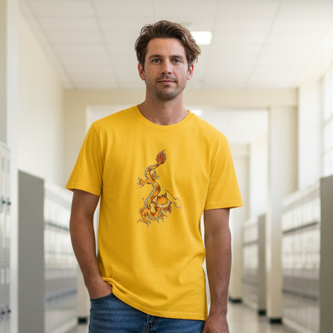 Man wearing a yellow t-shirt with a dragon design in an indoor setting