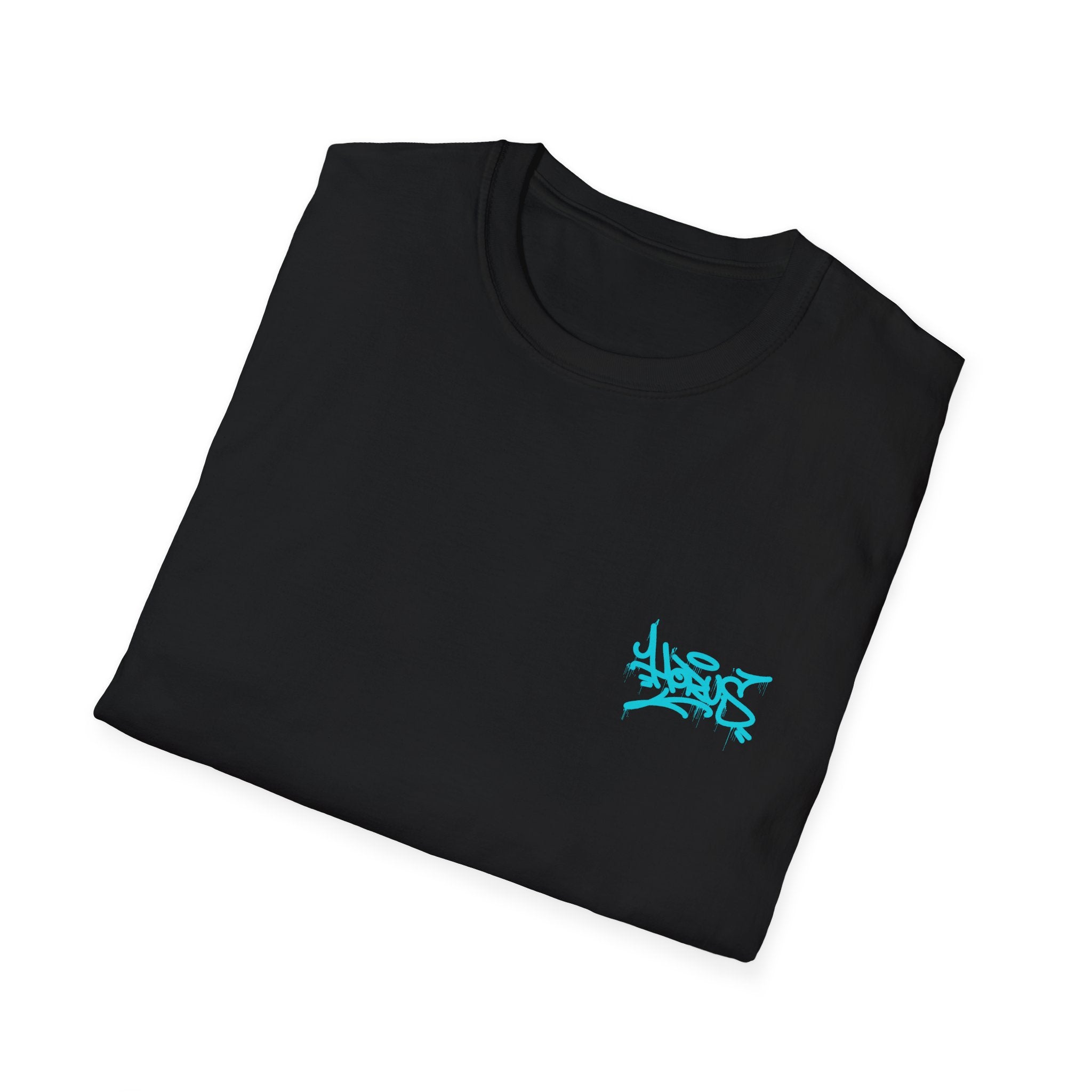 Folded black t-shirt with a blue logo on a white background