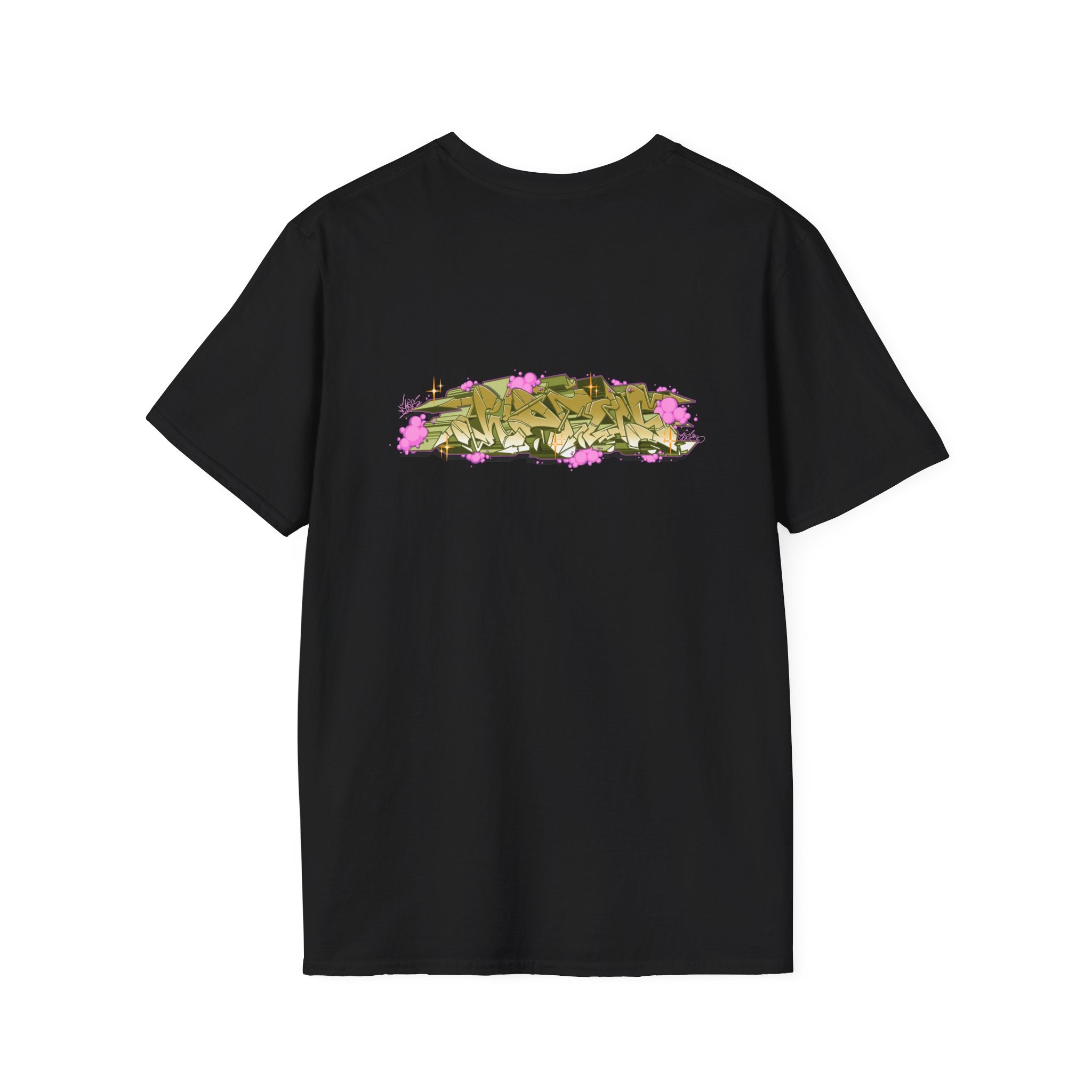 Black t-shirt with a colorful graphic design on the chest against a white background