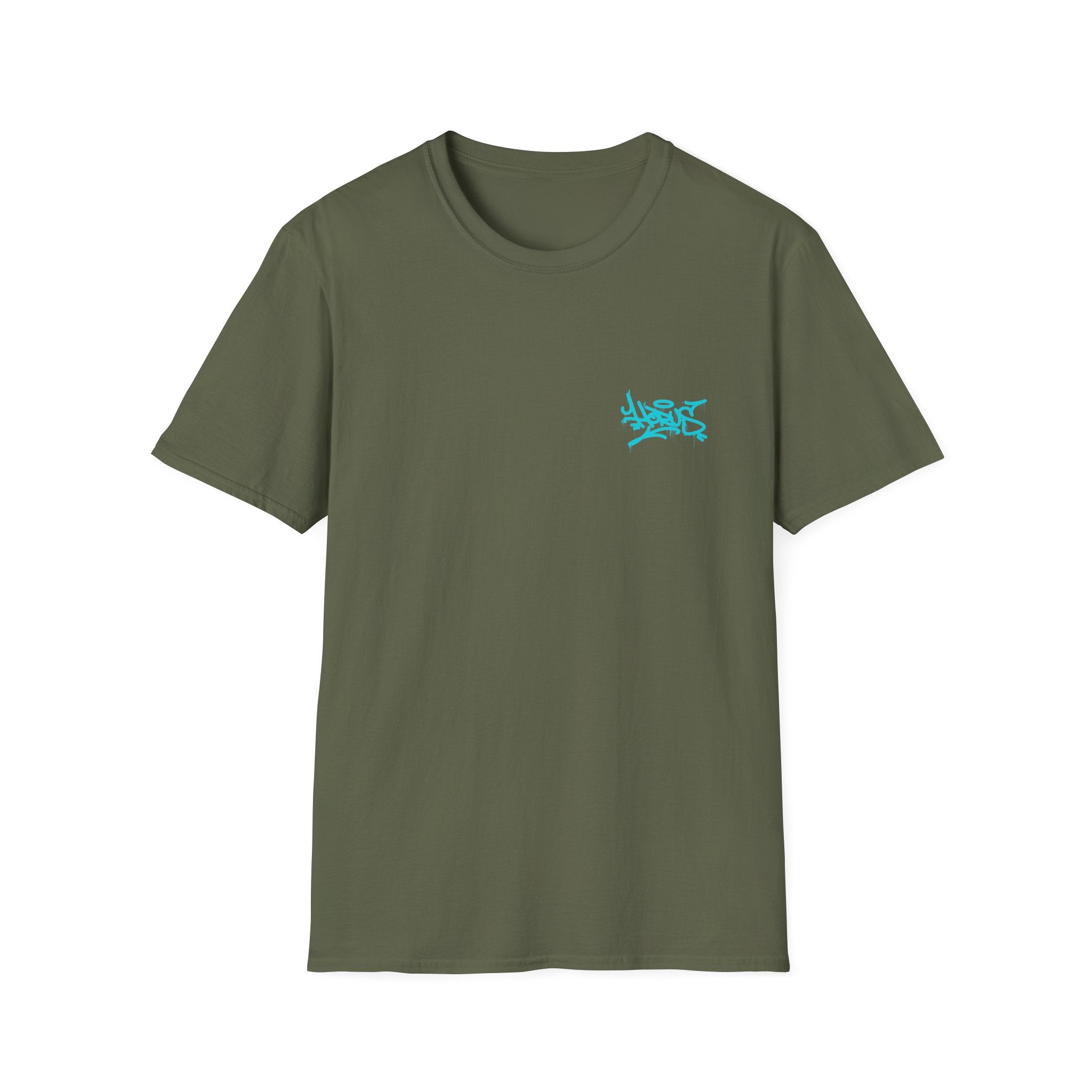 Green t-shirt with a small blue logo on a white background