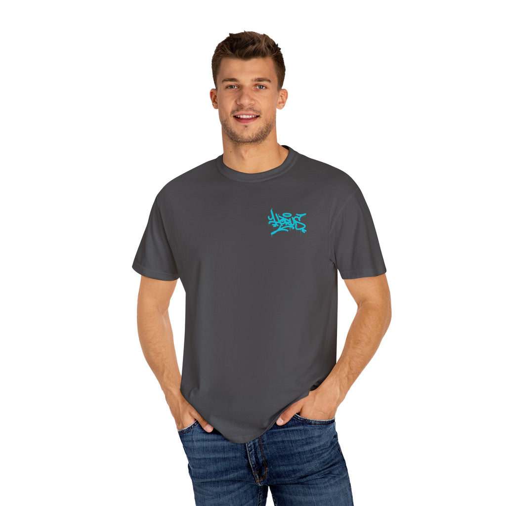 Man wearing a gray t-shirt with a blue logo on a white background
