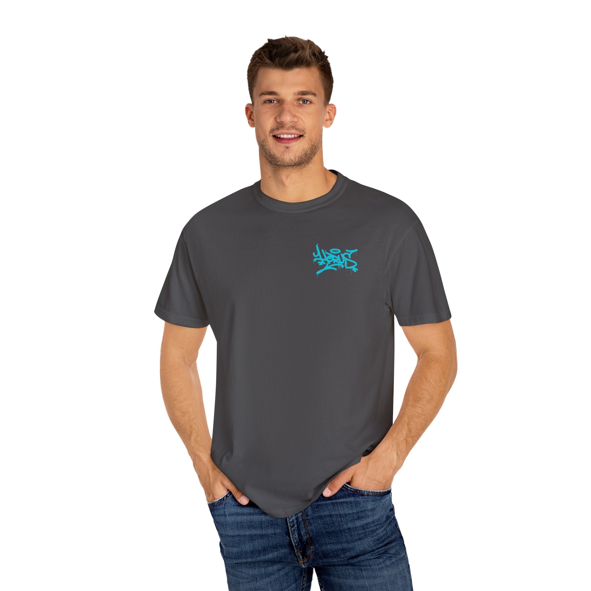 Man wearing a gray t-shirt with a blue logo on a white background