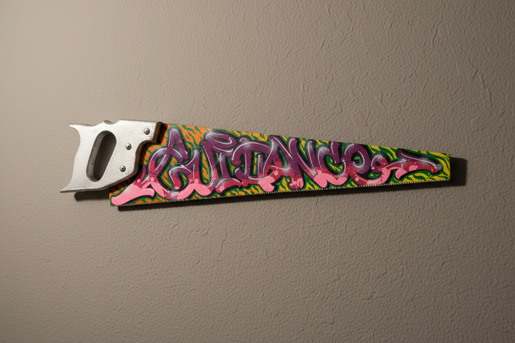 An antique hand saw with a graffiti adorned blade with the words ‘guidance’ painted in colourful lettering