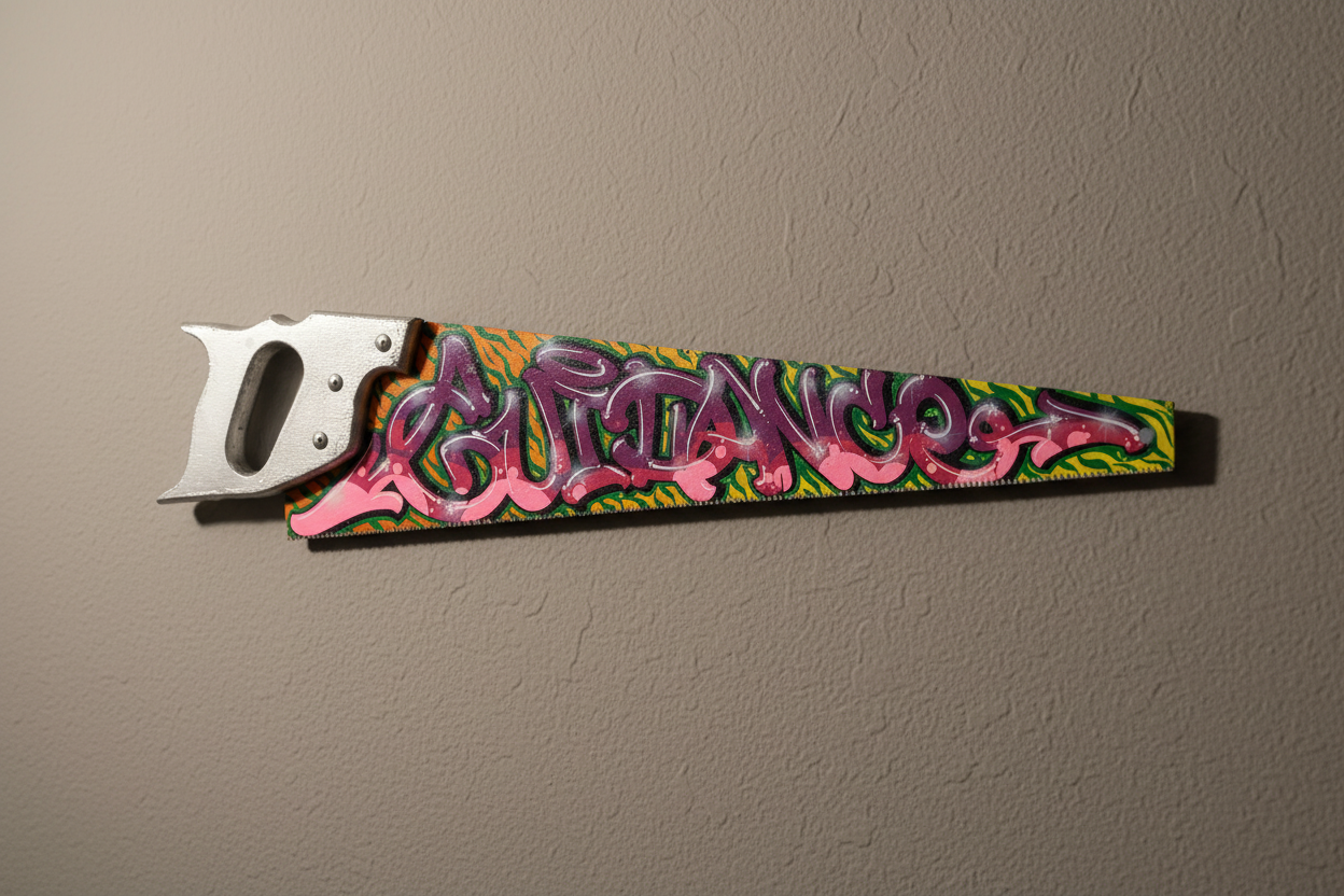 An antique hand saw with a graffiti adorned blade with the words ‘guidance’ painted in colourful lettering