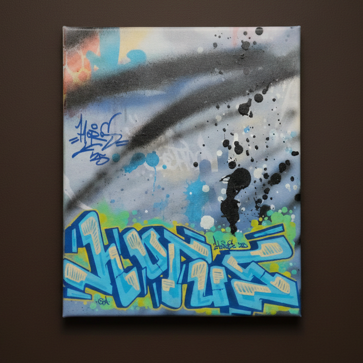 Graffiti-style artwork on a canvas with abstract design and text.