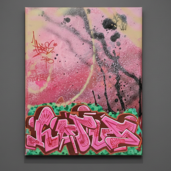 Abstract art piece with pink and black splashes on a gray background