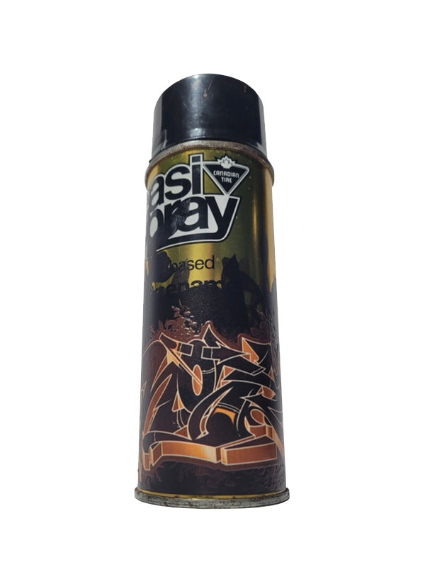 Black spray paint can with visible branding on a white background