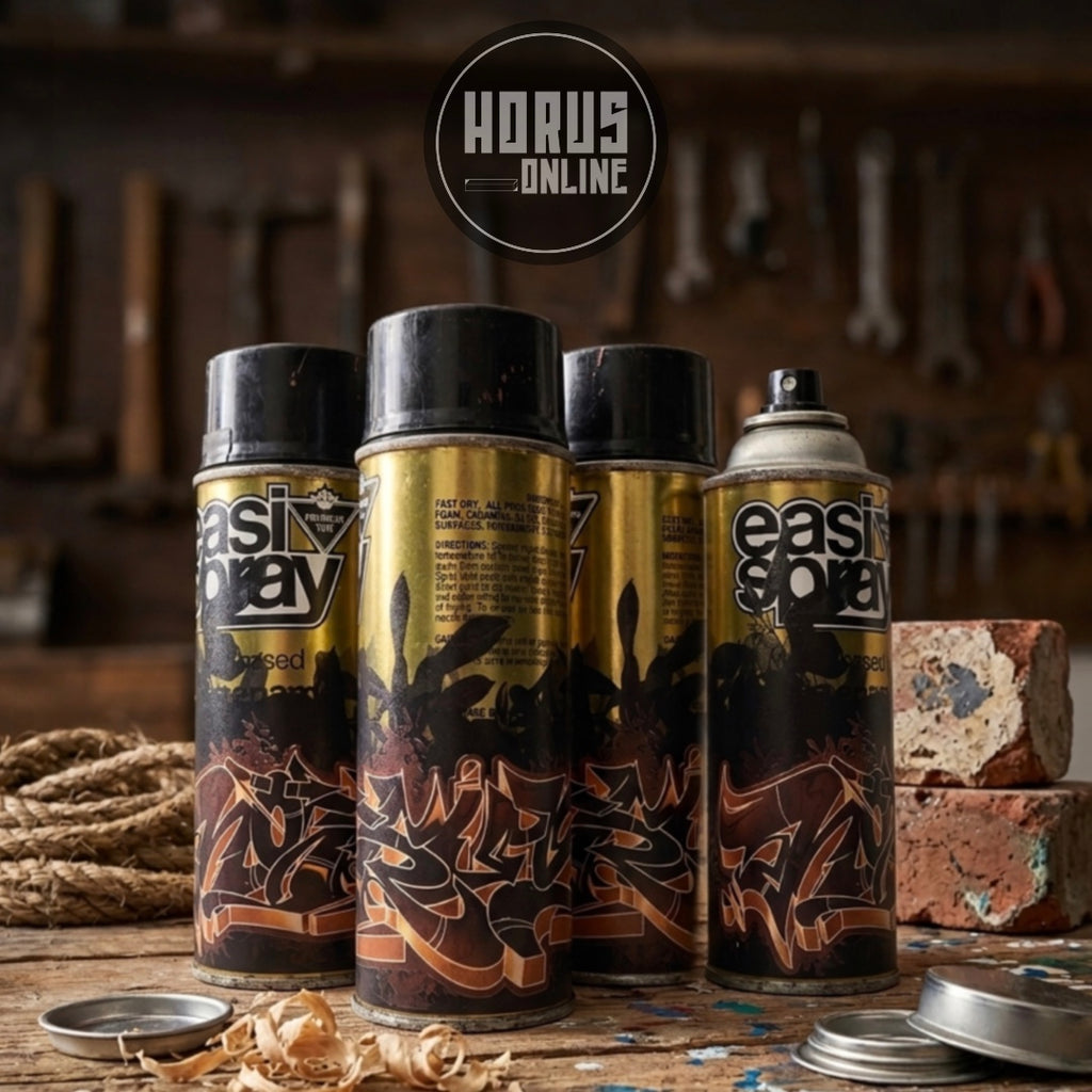 Four cans of Easy Spray paint with a workshop background, featuring the Horus Online logo.