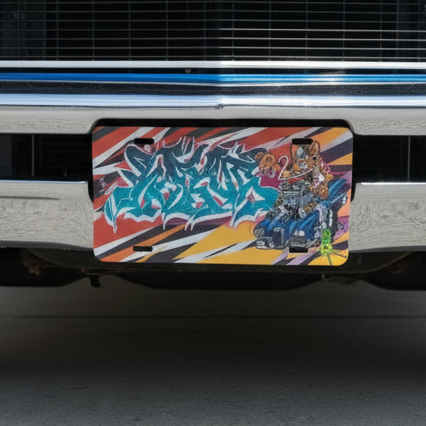 Colorful license plate with graphic design on a vehicle