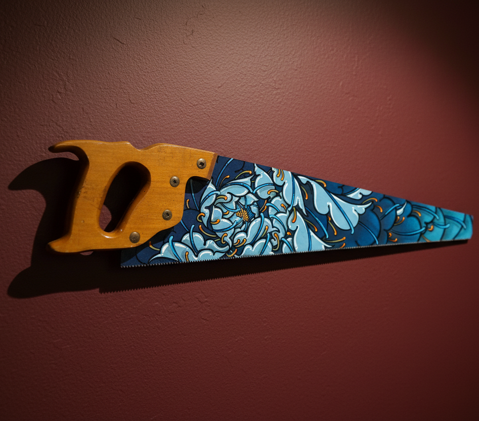 Decorative saw with a blue floral pattern on a wooden handle against a red background