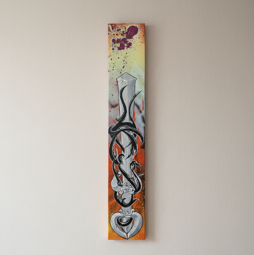 A tall skinny graffiti canvas featuring fudo myoo sword and stylized black and white lettering