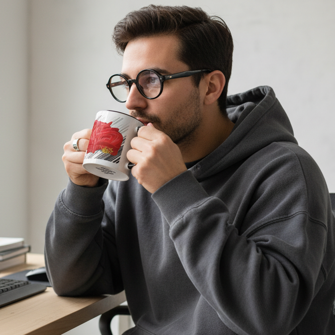 Man in gray hoodie drinking from a mug with a red design, sitting at a desk.