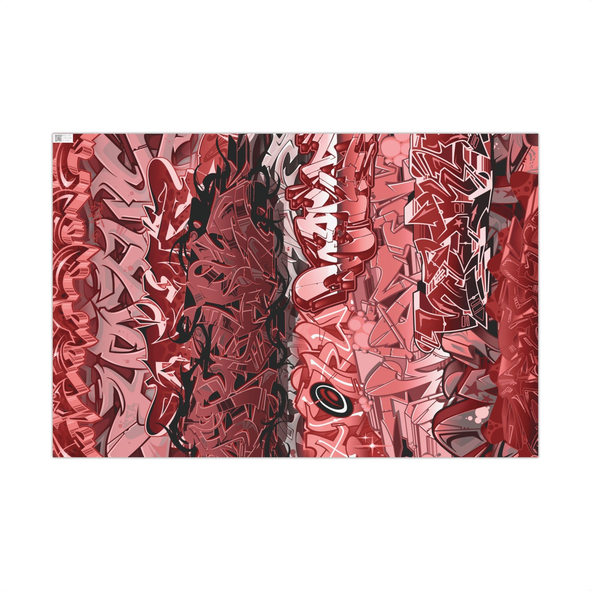Abstract art piece with red, black, and white patterns on a white background