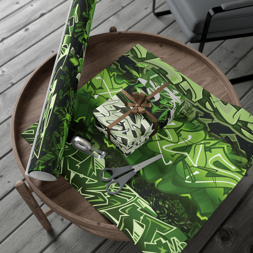 Green patterned gift wrap with scissors on a wooden surface