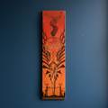 Skateboard deck with a graphic design on a blue background