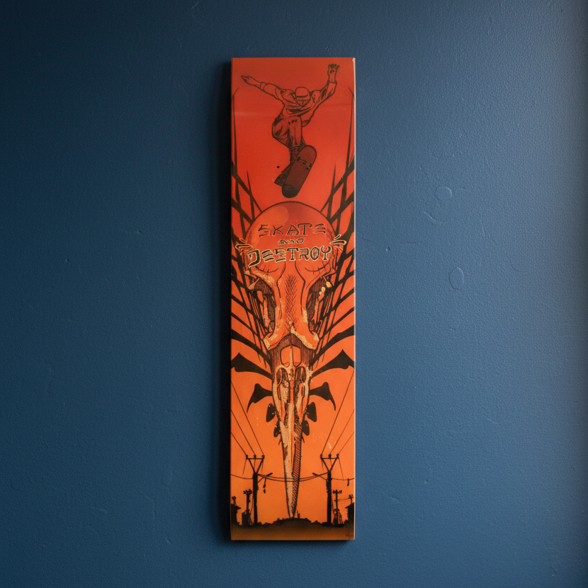 Skateboard deck with a graphic design on a blue background