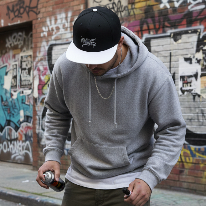 Make wearing a ball cap with embroidered Horus tag on front