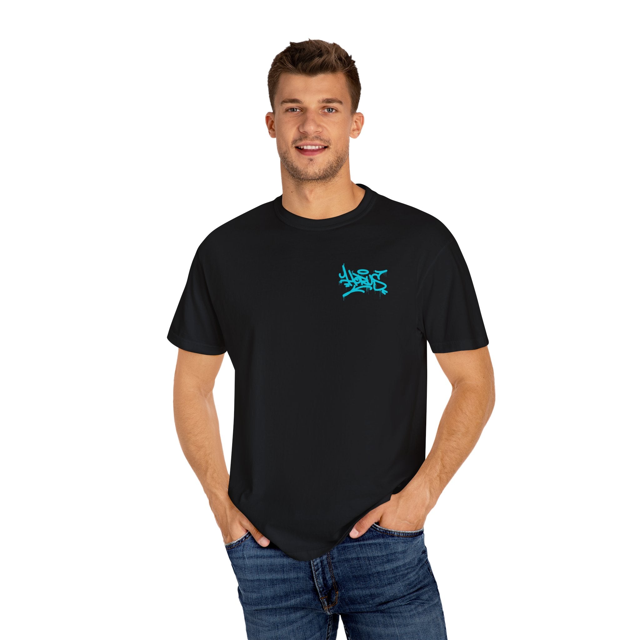 Man wearing a black t-shirt with a blue logo on a white background