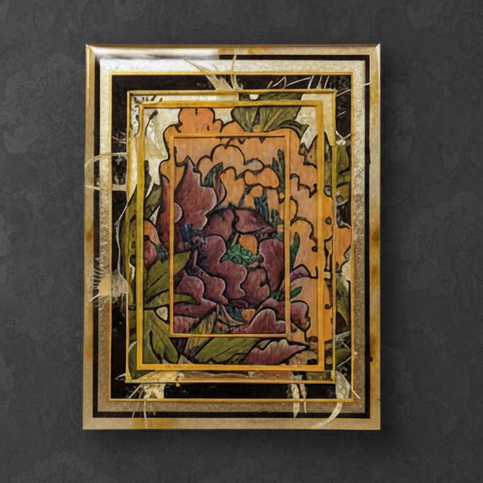 Decorative card with floral design and gold frame on a dark background