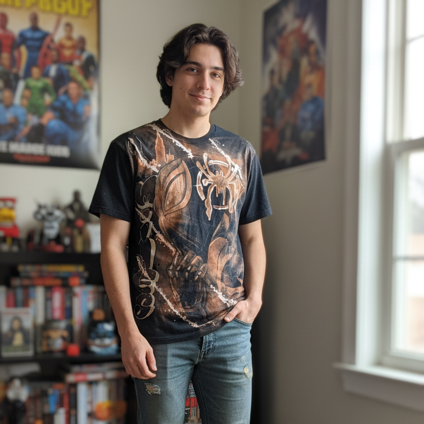 Person wearing a black t-shirt with a graphic design in a room with superhero posters on the wall.