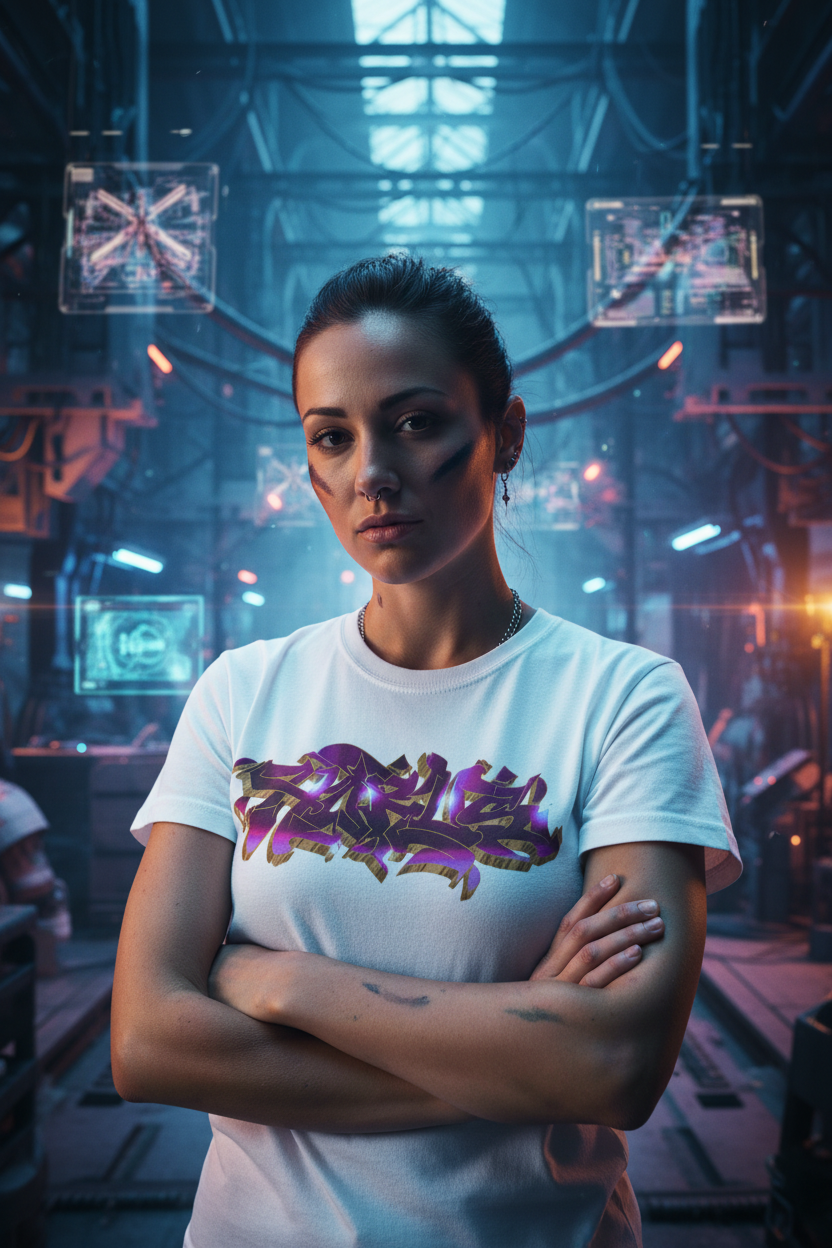 Woman in a futuristic setting wearing a white t-shirt with a colorful graphic design.