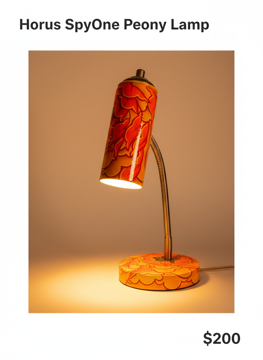 Horus SpyOne Peony Lamp with floral design on a beige background
