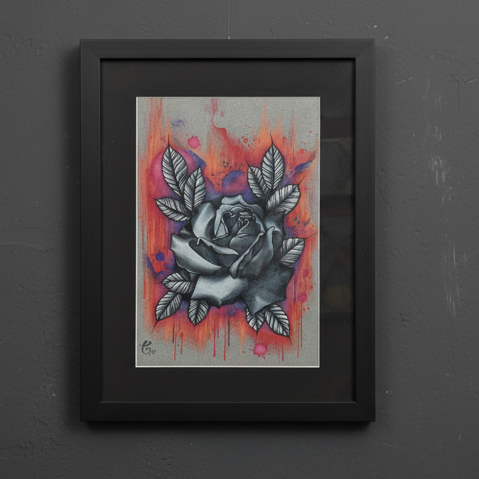 Framed artwork of a rose with abstract background on a dark gray wall