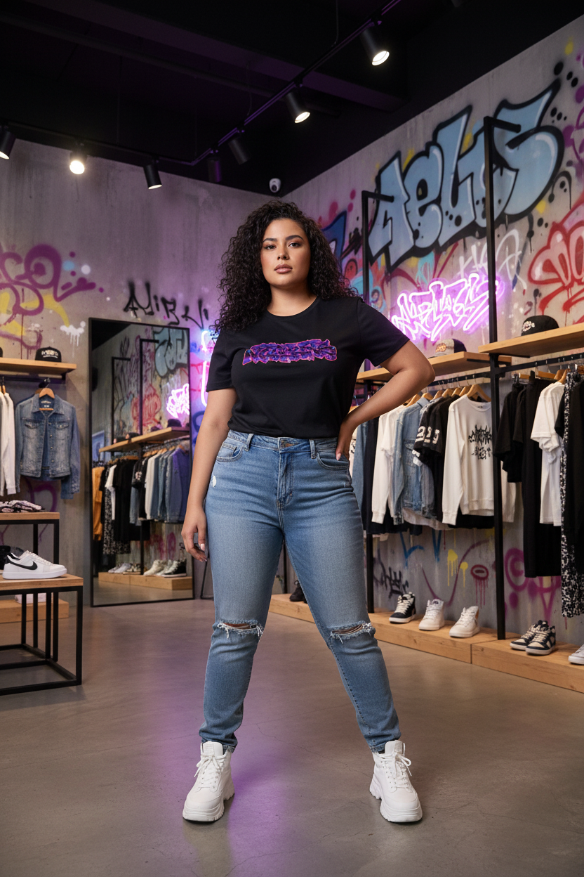 Woman wearing a black t-shirt with purple text and blue jeans in a store with graffiti wall.
