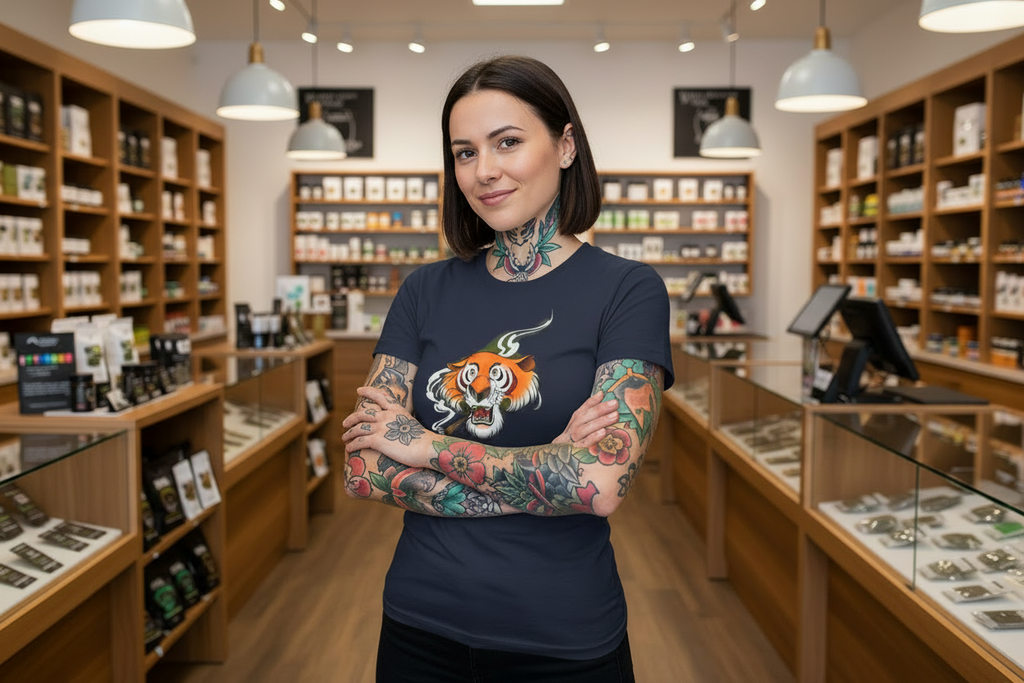 Woman with tattoos standing in a store with shelves and displays.