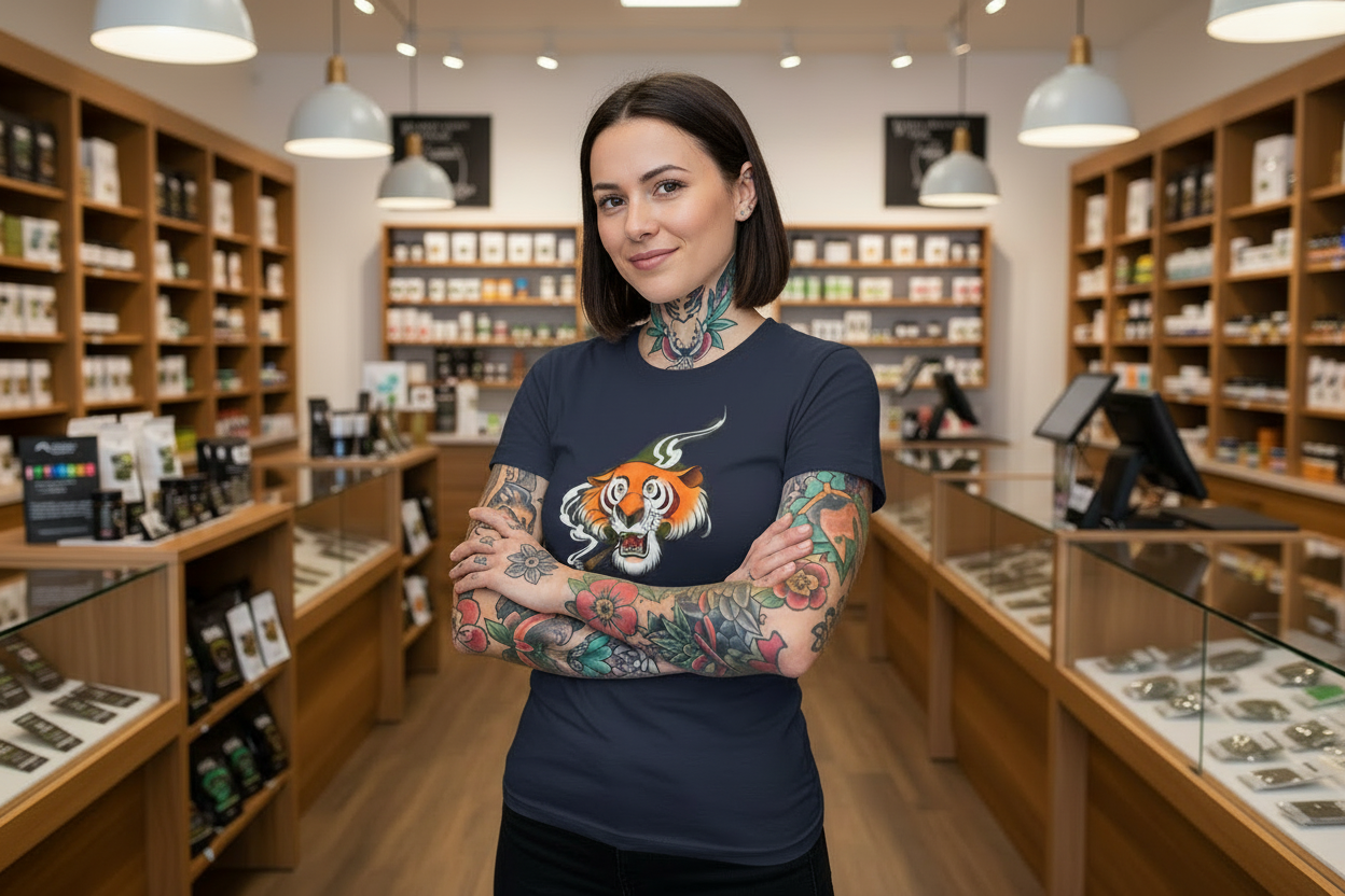 Woman with tattoos standing in a store with shelves and displays.