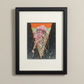 Framed artwork of a jellyfish design on a beige wall