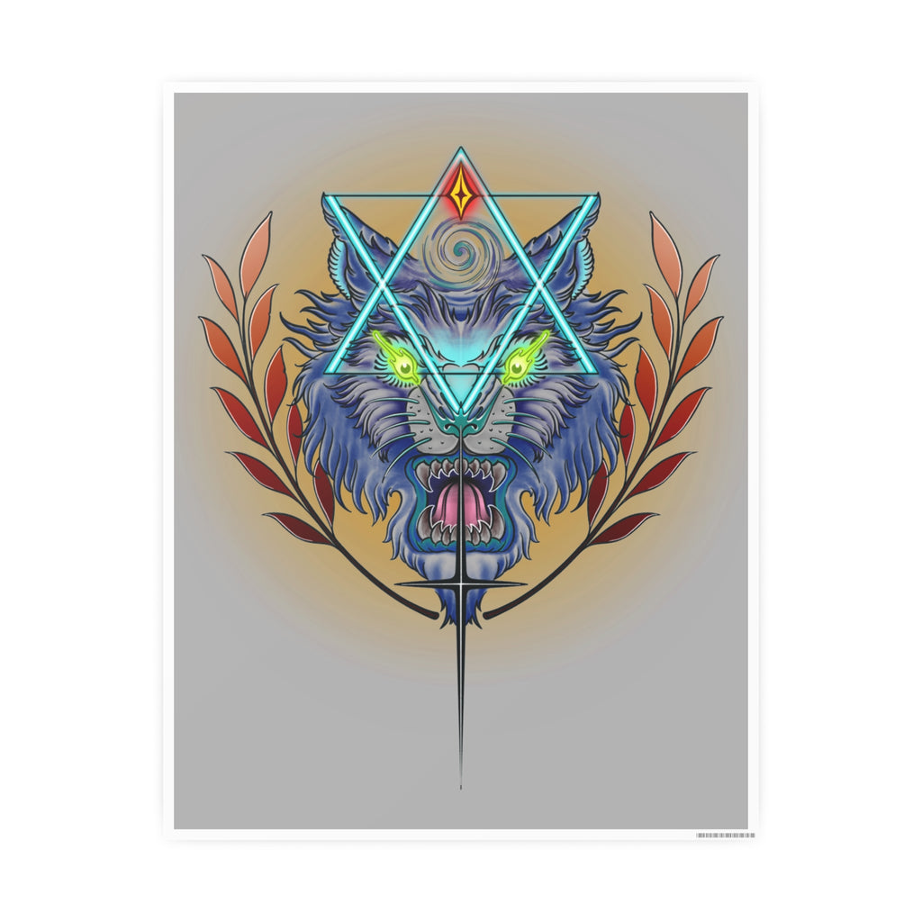 Colorful graphic of a wolf with a star and leaves on a gray background